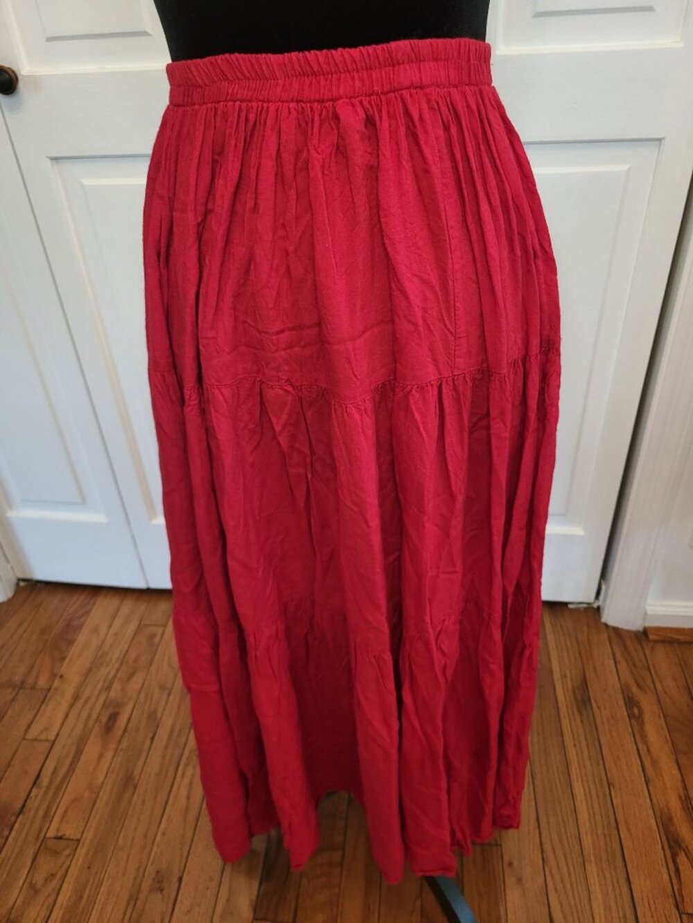 Cactus Flower Red Tiered Maxi Skirt M  Nautical Boho Coastal July 4th Picnic
